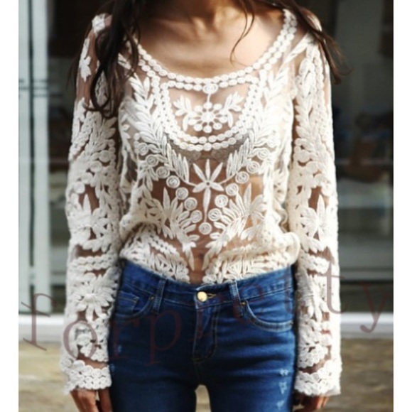debut Tops - NEW Boho Lace Sheer Ivory Crochet Blouse